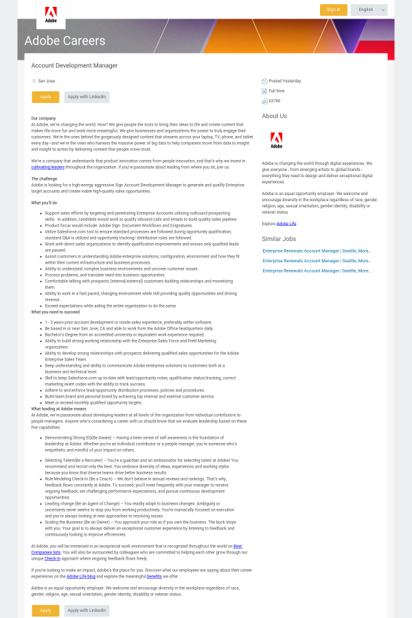 Account Development Manager job at Adobe in San Jose, CA Account Development Manager job at Adobe in San Jose, CA