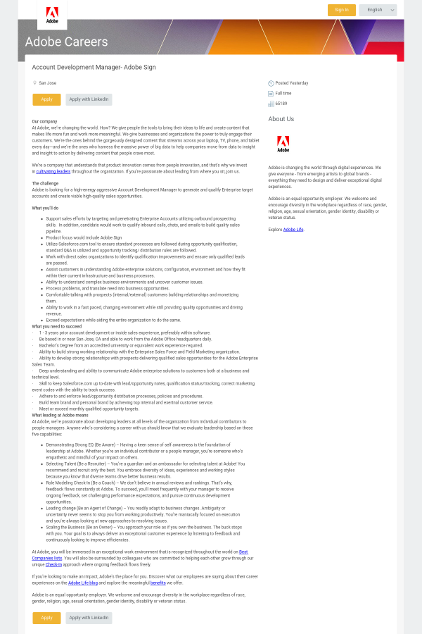 Adobe hiring Account Development Manager in San Francisco, CA, US Adobe hiring Account Development Manager in San Francisco, CA, US