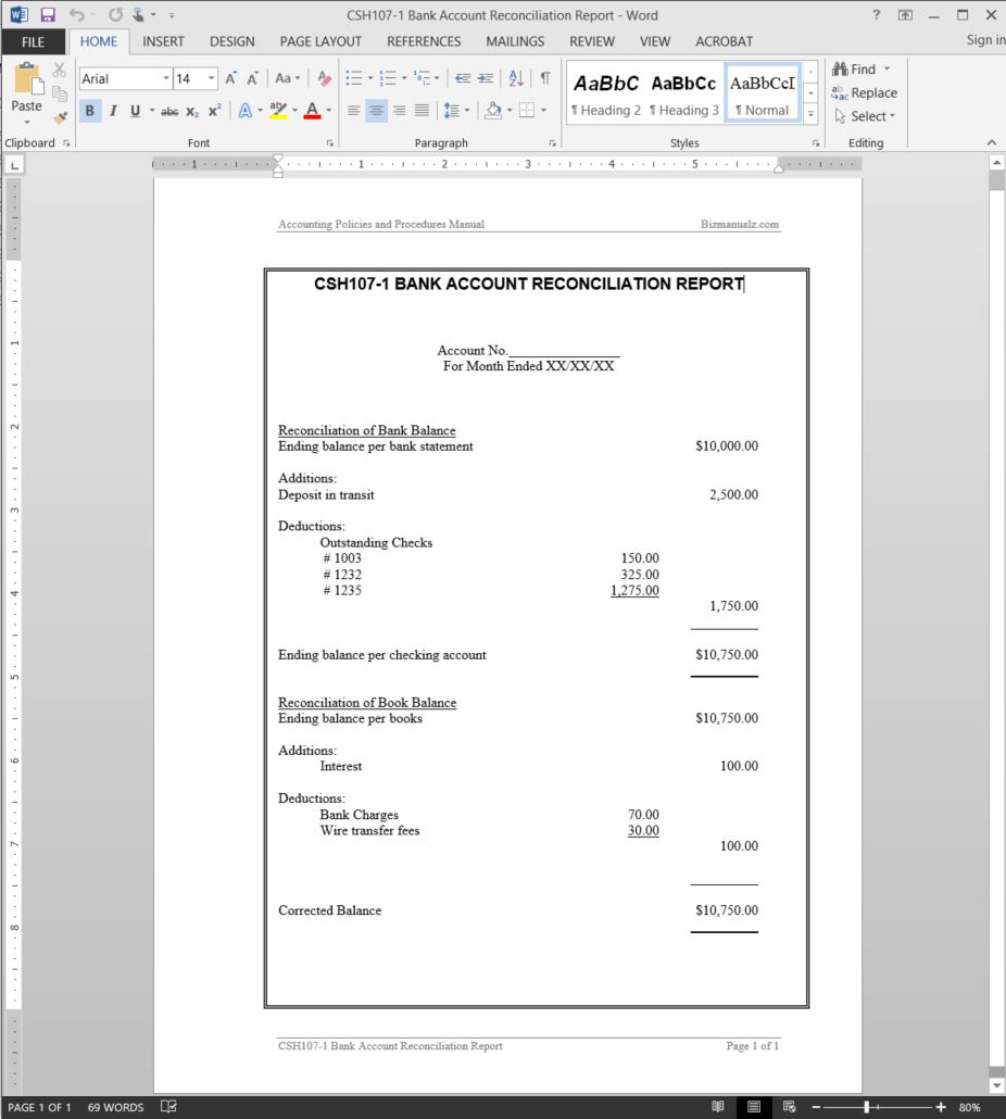 Bank Account Reconciliation Report Template Bank Account Reconciliation Report Template