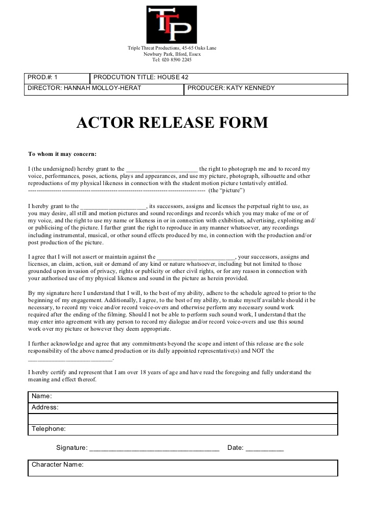 Actor release form Actor release form