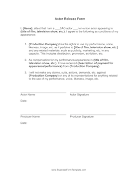 Actor Release Form Template Actor Release Form Template