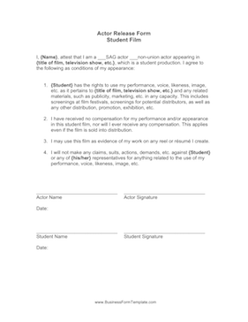Student Film Actor Release Form Template Student Film Actor Release Form Template