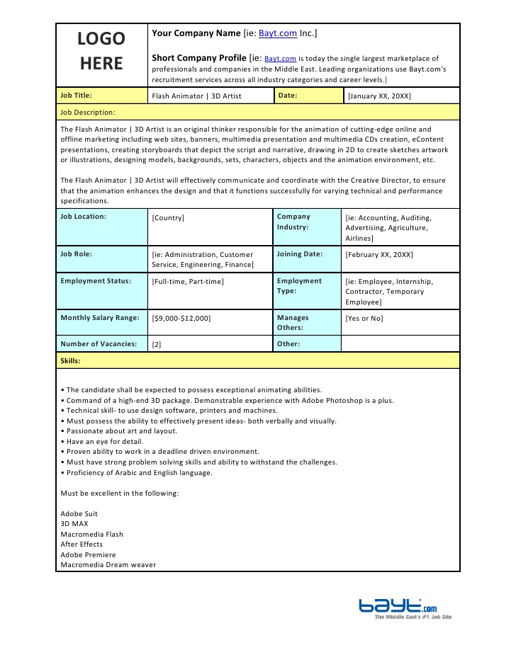Flash Animators 3D Artist Job Description Template by Bayt.com Flash Animators 3D Artist Job Description Template by Bayt.com