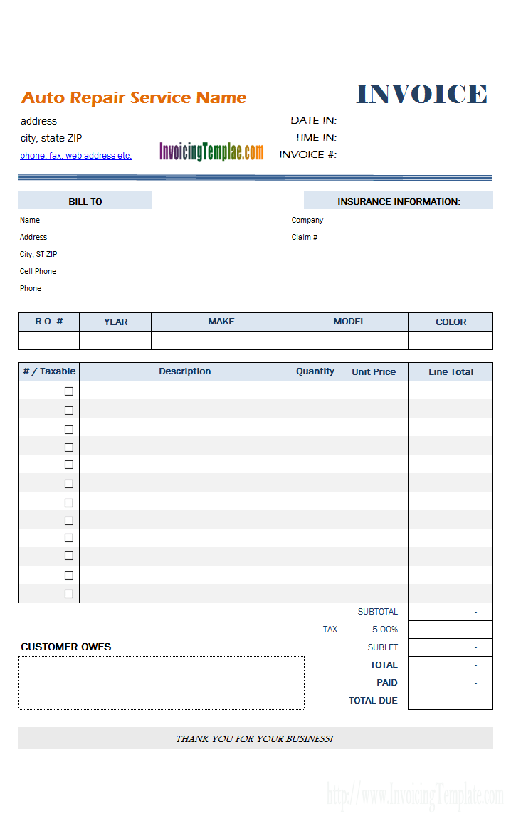Auto Repair Invoice Template for Excel Auto Repair Invoice Template for Excel