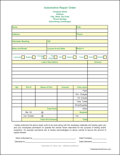 vehicle repair request form template free automotive repair order vehicle repair request form template free automotive repair order