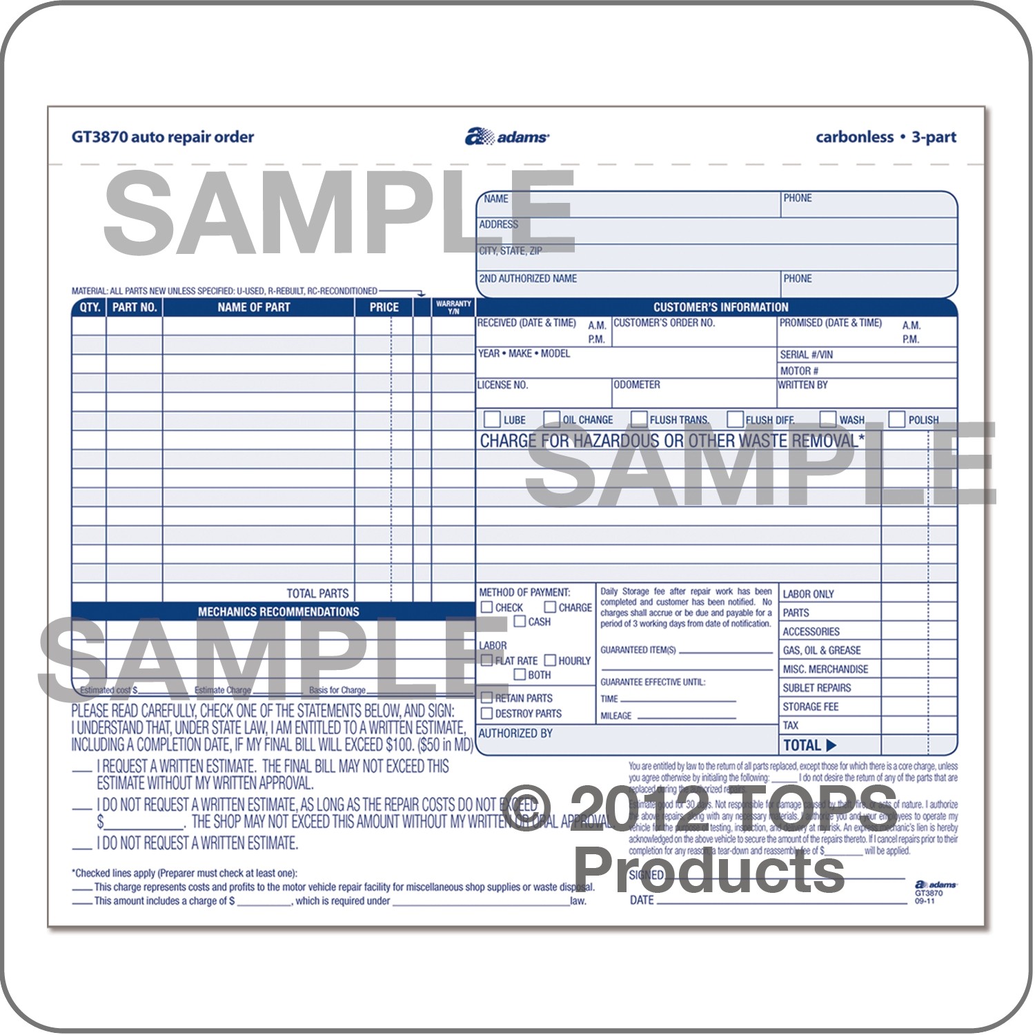 Work Order Forms Auto Repair With Carbon 3 Part 8 12 x 7 Box Of Work Order Forms Auto Repair With Carbon 3 Part 8 12 x 7 Box Of