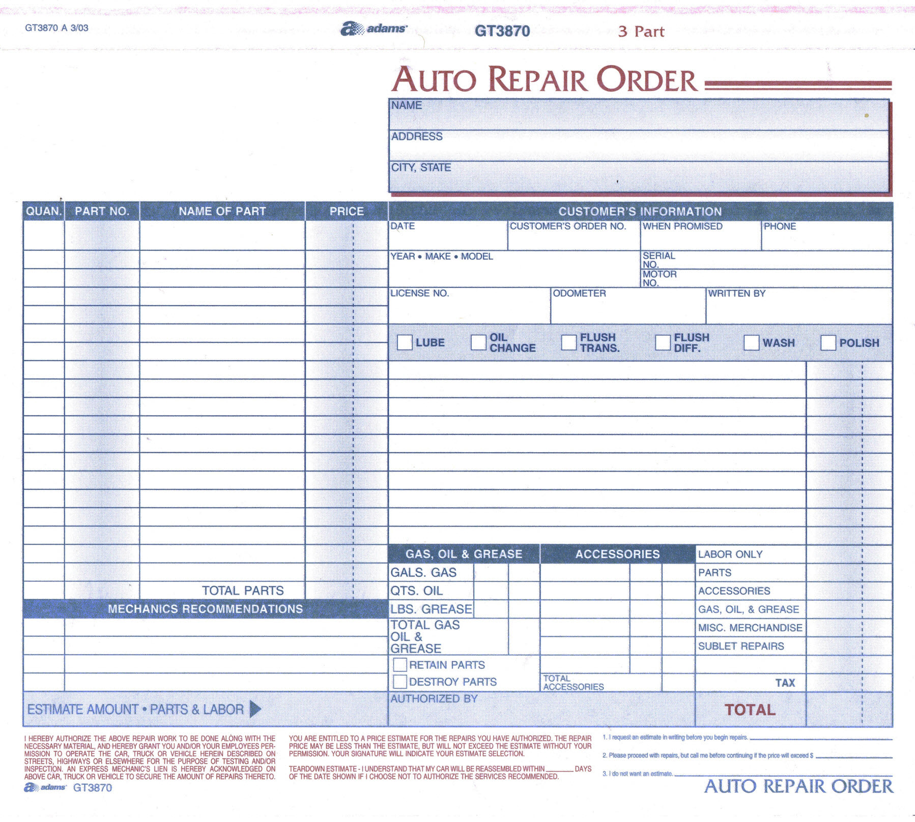 Work Order Forms Auto Repair With Carbon 3 Part 8 12 x 7 Box Of Work Order Forms Auto Repair With Carbon 3 Part 8 12 x 7 Box Of
