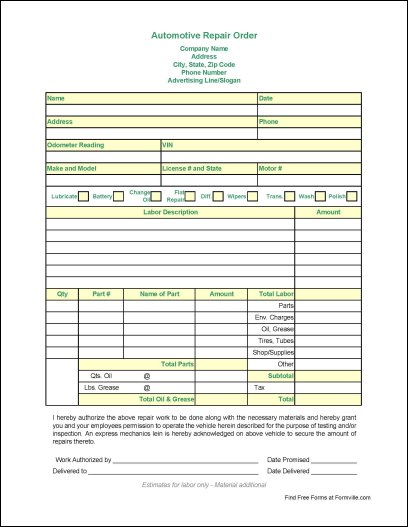 vehicle repair request form template free automotive repair order vehicle repair request form template free automotive repair order