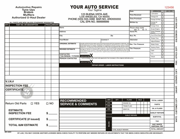 Auto Repair Order Template Auto Repair Order Template