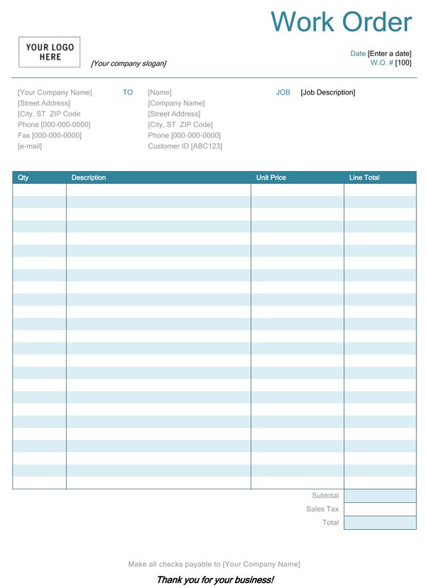 Blank Work Order Blank Work Order