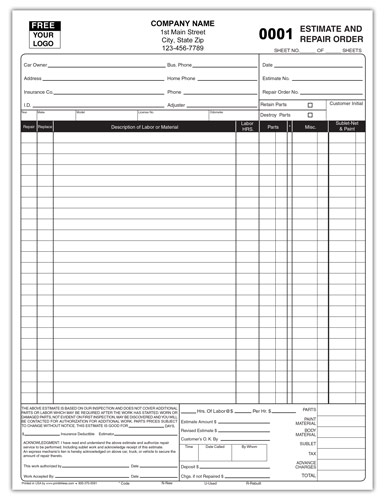 Body Shop Estimate Form Body Shop Estimate Form