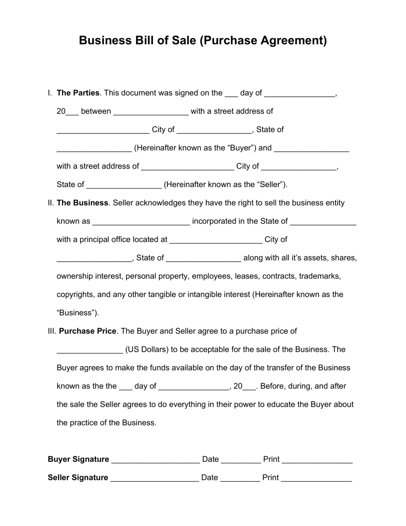 Free Business Bill of Sale Form (Purchase Agreement) Word | PDF Free Business Bill of Sale Form (Purchase Agreement) Word | PDF
