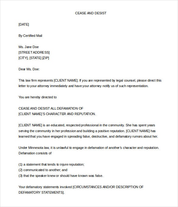 Ceast and Desist Defamation SAMPLE FORM | Defamation | Cease And Ceast and Desist Defamation SAMPLE FORM | Defamation | Cease And