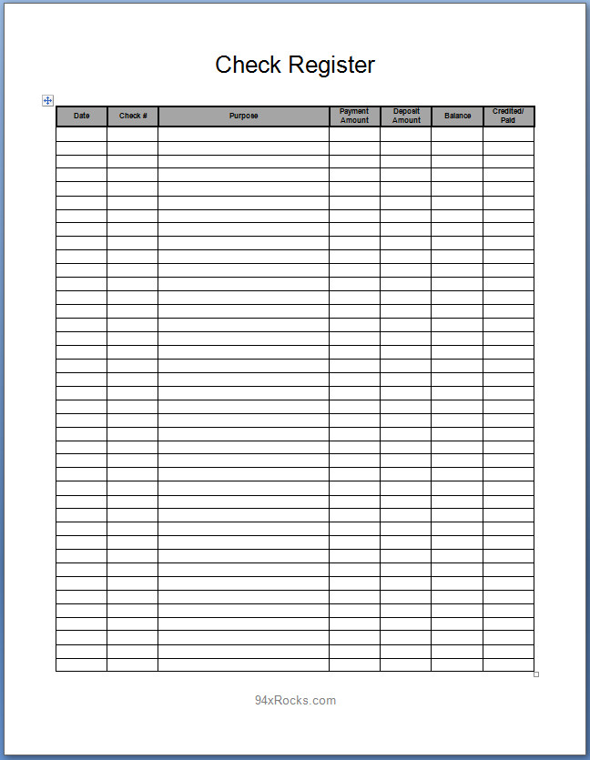 Full Page Check Register Template Full Page Check Register Template