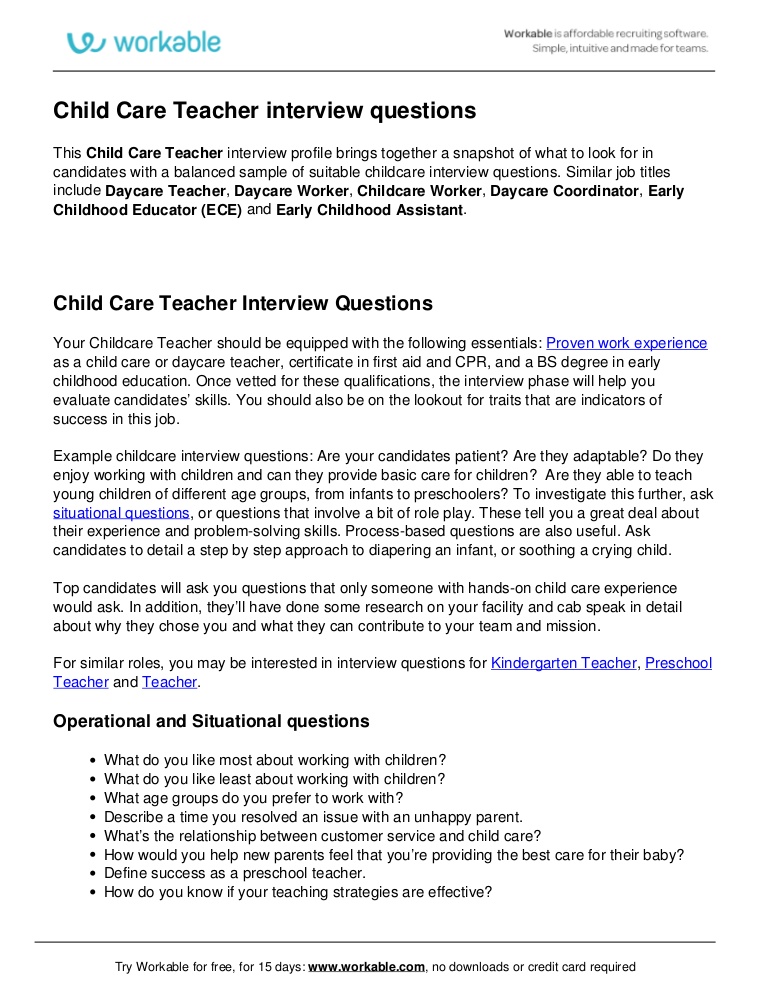 Child Care Teacher Interview Questions Hiring | Workable Child Care Teacher Interview Questions Hiring | Workable