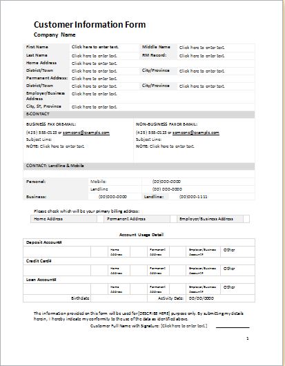 customer information form template word customer information form customer information form template word customer information form