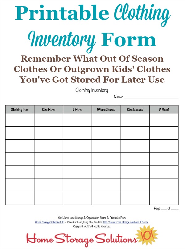 Printable Clothing Inventory Form Printable Clothing Inventory Form