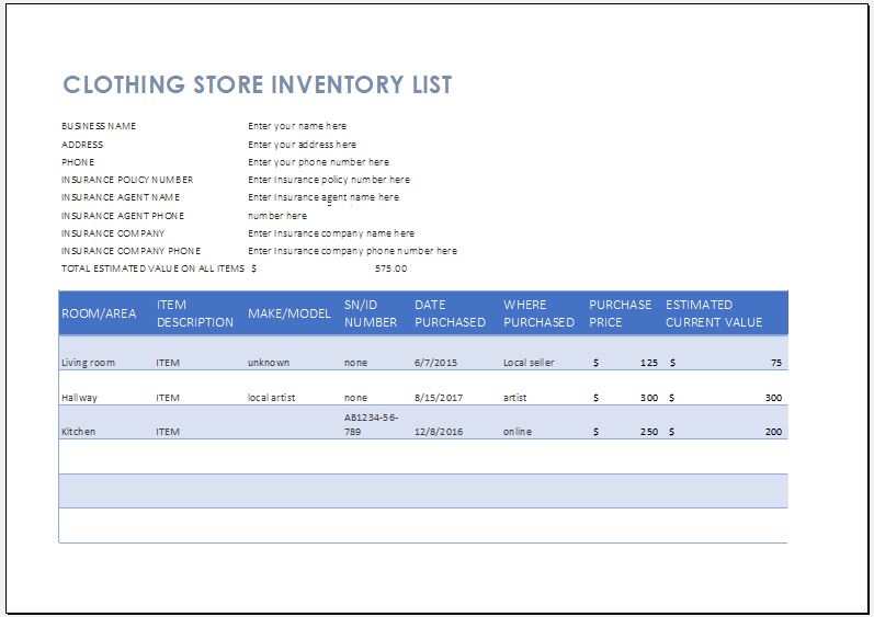 Clothing Store Inventory List Template | Word & Excel Templates Clothing Store Inventory List Template | Word & Excel Templates