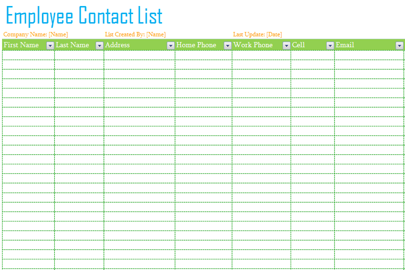 Professional employee contact list template in MS Excel | List Professional employee contact list template in MS Excel | List