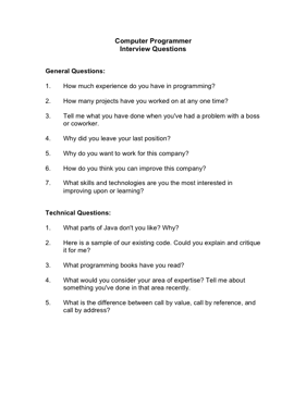 Computer Programmer Interview Questions Template Computer Programmer Interview Questions Template