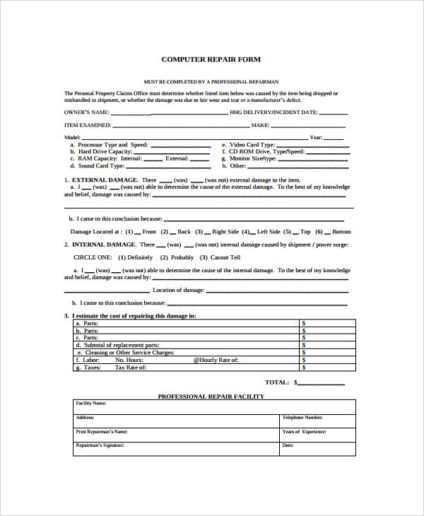 9+ Sample Repair Forms | Sample Templates 9+ Sample Repair Forms | Sample Templates