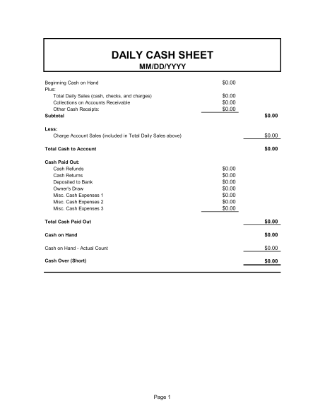 Daily Cash Sheet Template & Sample Form | Biztree.com Daily Cash Sheet Template & Sample Form | Biztree.com