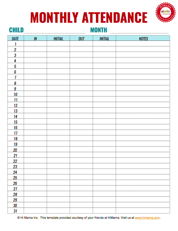 HiMama Daycare Sign In Sheet Template: Child Care Attendance Form HiMama Daycare Sign In Sheet Template: Child Care Attendance Form