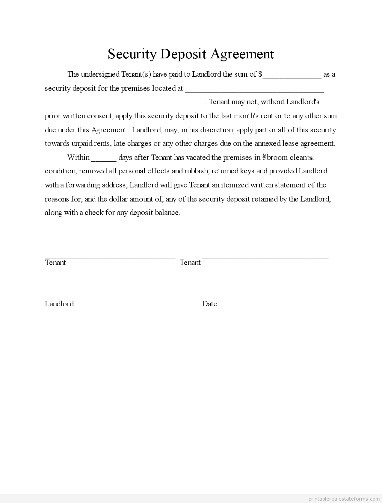 Printable security deposit agreement 3 template 2015 | Sample Printable security deposit agreement 3 template 2015 | Sample