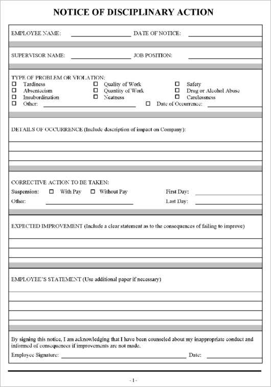 Disciplinary Action Form Template Disciplinary Action Form Template