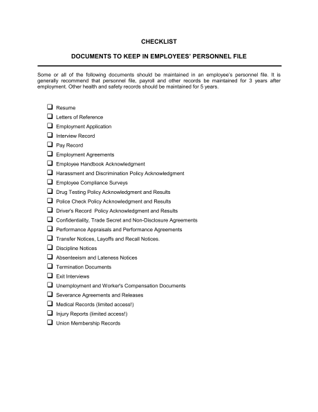 Checklist Personnel File Template & Sample Form | Biztree.com Checklist Personnel File Template & Sample Form | Biztree.com