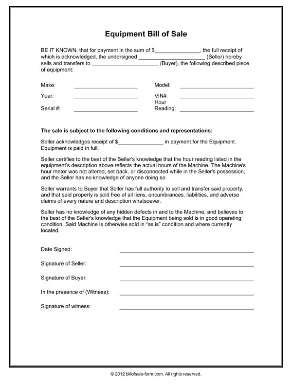 Equipment Bill Of Sale Form in Word and PDF Equipment Bill Of Sale Form in Word and PDF