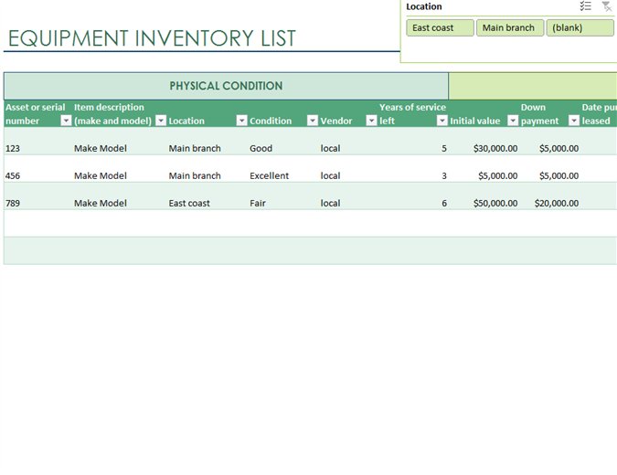 Equipment inventory list Equipment inventory list