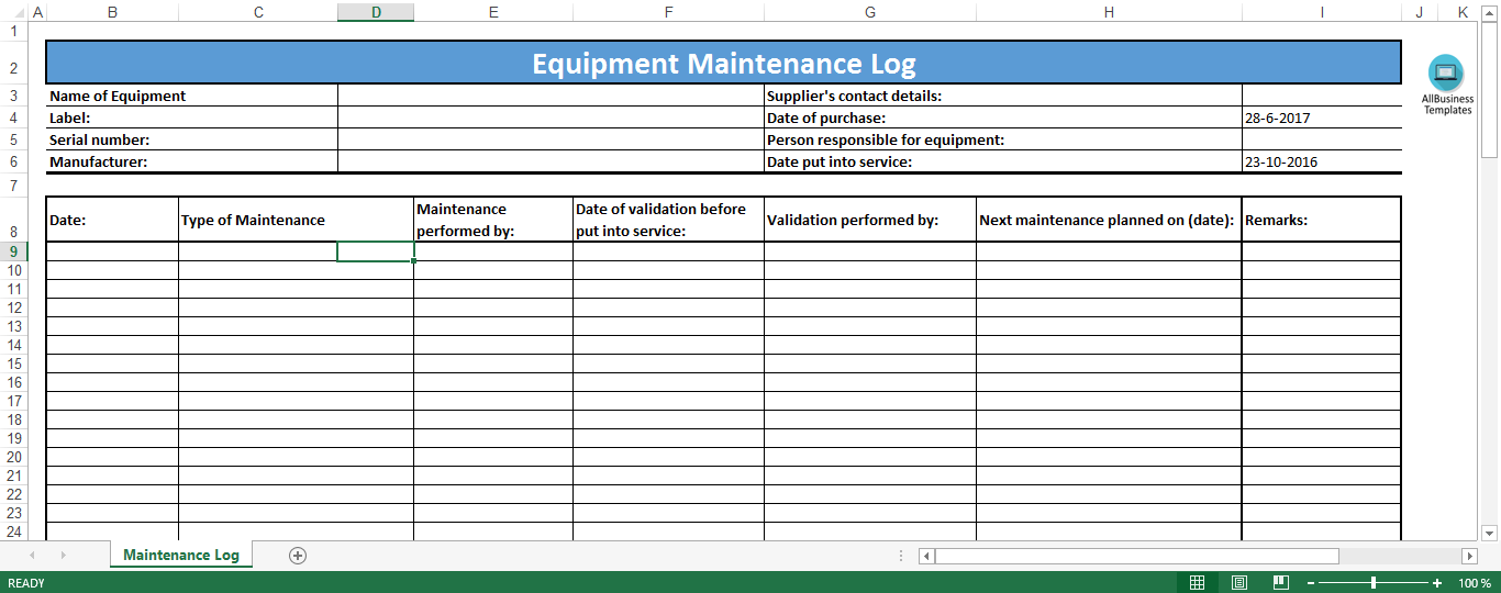 Free Equipment Maintenance Log Excel template | Templates at Free Equipment Maintenance Log Excel template | Templates at