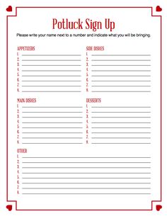Free printable Potluck Sign Up Sheet (PDF) from Vertex42. Free printable Potluck Sign Up Sheet (PDF) from Vertex42.