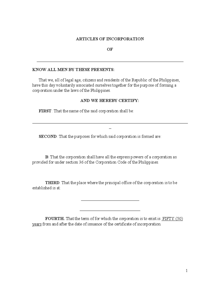 Articles of Incorporation Sample Free Download Articles of Incorporation Sample Free Download