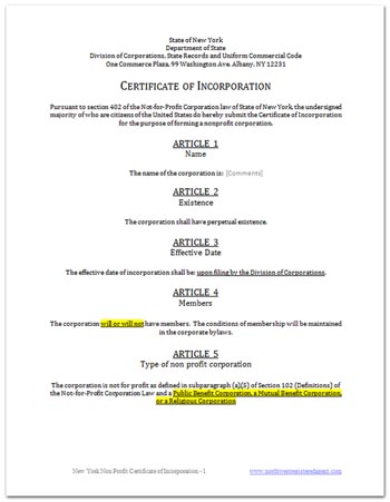 Free certificate of incorporation template for New York Nonprofit Free certificate of incorporation template for New York Nonprofit