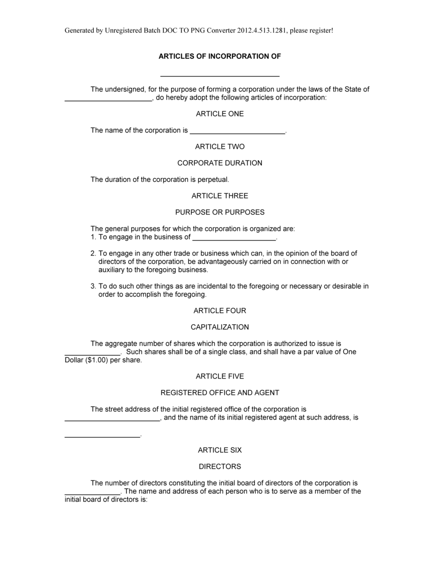 Sample Articles of Incorporation form, Blank Articles of Sample Articles of Incorporation form, Blank Articles of
