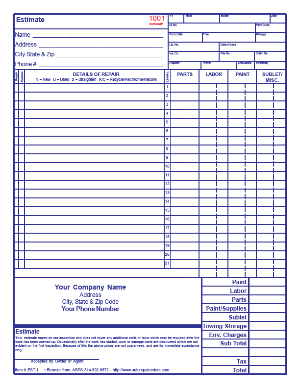Auto Body Estimate Form Ricdesign Free Shop Template Auto Body Estimate Form Ricdesign Free Shop Template