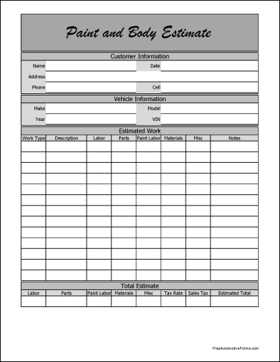 Free Fancy Wide Row Paint and Body Estimate Form Free Fancy Wide Row Paint and Body Estimate Form