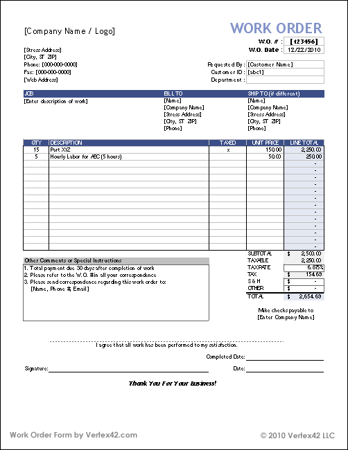 Work Orders | Free Work Order Form Template for Excel Work Orders | Free Work Order Form Template for Excel