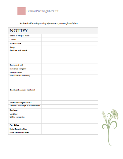 Funeral Planning Checklist Template | Document Templates Funeral Planning Checklist Template | Document Templates