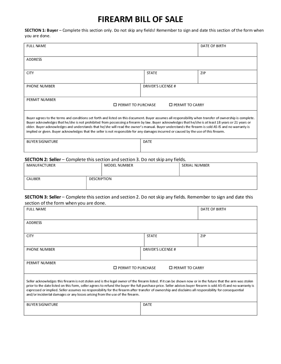 Gun Bill Of Sale Form Gun Bill Of Sale Form