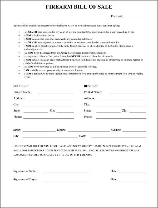firearm bill of sale template firearm bill of sale template