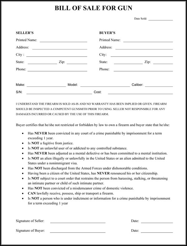 Gun Bill Of Sale Form Gun Bill Of Sale Form