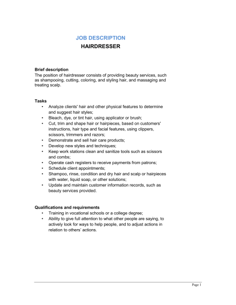 Hairdresser Job Description Template & Sample Form | Biztree.com Hairdresser Job Description Template & Sample Form | Biztree.com