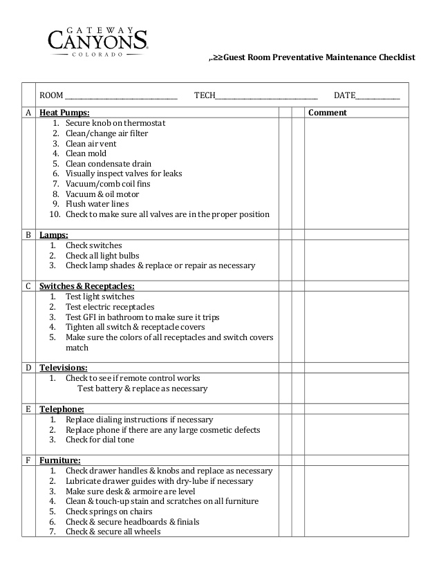 Guest room preventative maintenance checklist Guest room preventative maintenance checklist