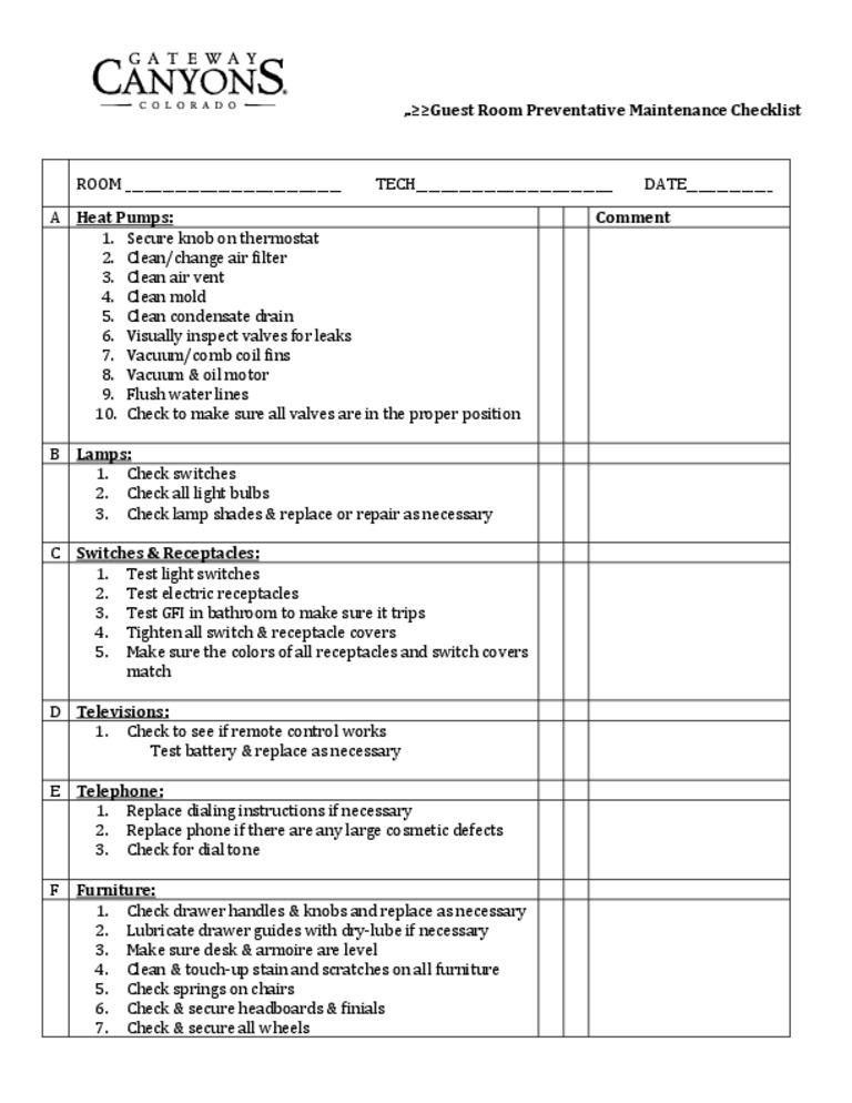 Guest room preventative maintenance checklist Guest room preventative maintenance checklist