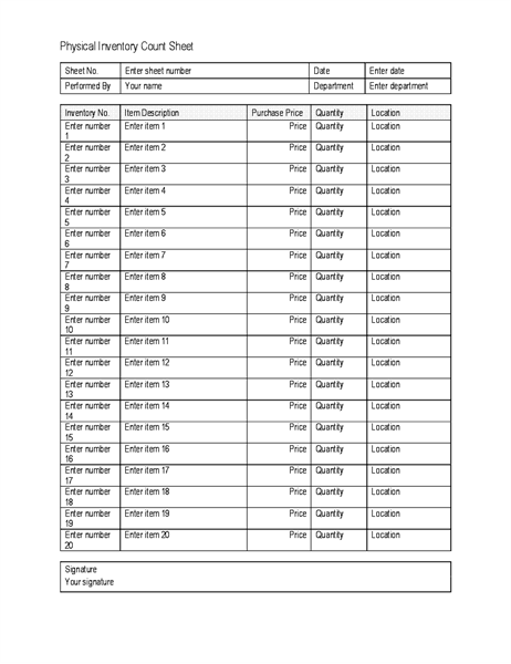 Physical inventory count sheet Physical inventory count sheet