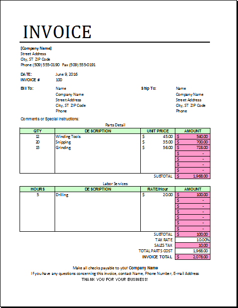 Parts And Labor Invoice Template Xls Excel Invoice Templates Parts Parts And Labor Invoice Template Xls Excel Invoice Templates Parts