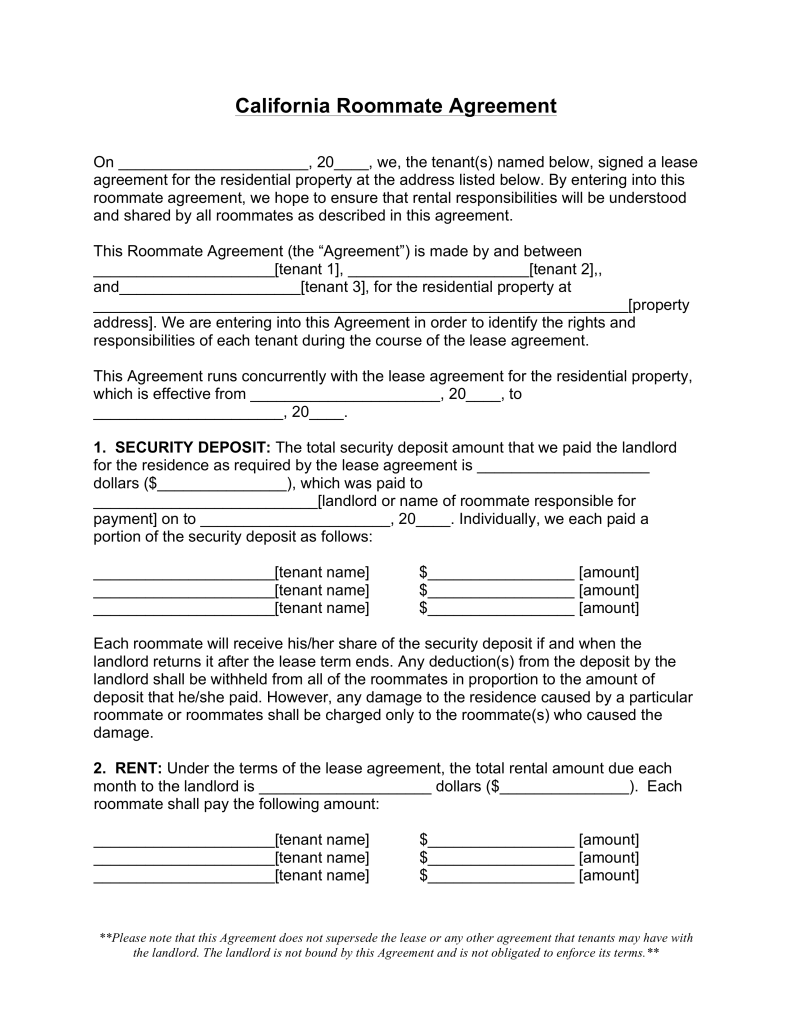 Free California Roommate (Room Rental) Agreement Word | PDF Free California Roommate (Room Rental) Agreement Word | PDF